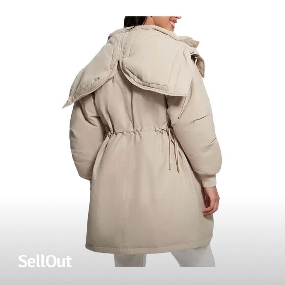 Guess Women's Hooded‎ Puffer Jacket Beige Size M Mid-Length Winter Coat - Picture 2 of 6